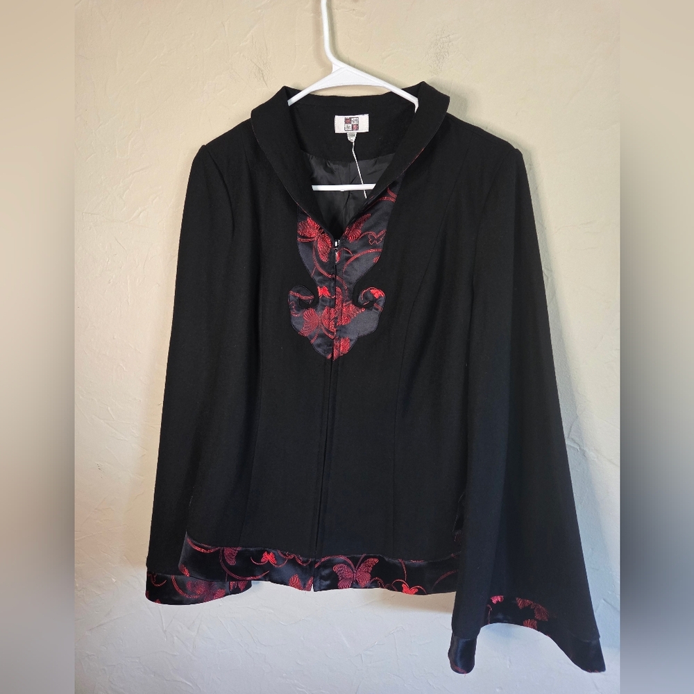 KG Black and Red Wool & Satin Embroidered Bell Sleeve Zip Up Jacket Sz M (8) New